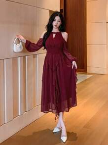 DAZY Women Solid Color Ruffle Ruffle Hem Chiffon Dress, Birthday ,New Year Eve Valentine Valentine's Day Prom Dress,Fall Clothes
