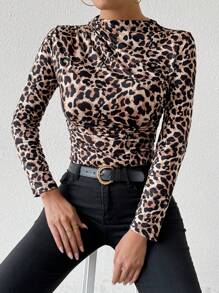 Zolique Leopard Print Ruched Turtleneck Casual Long Sleeve T-Shirt Cheetah Print Tees Women Tops For Spring - Multicolor - View 3