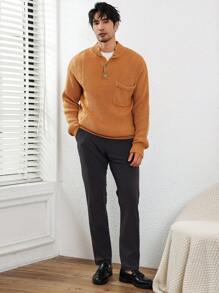 Manfinity Homme Suéter Casual de Manga Longa de Cor Sólida com Bolso, para Homens - Caqui - Visão 6