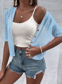SHEIN LUNE Áo len cardigan lửng tay lửng đơn hàng khuy đơn màu đơn giản cho nữ, mùa xuân/hè - Màu xanh nhạt - Xem 5