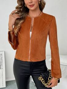SHEIN Clasi Spring Autumn Casual Solid Color Front Zip Up Cropped Jacket, Women Fall Clothes - Khaki - View 1
