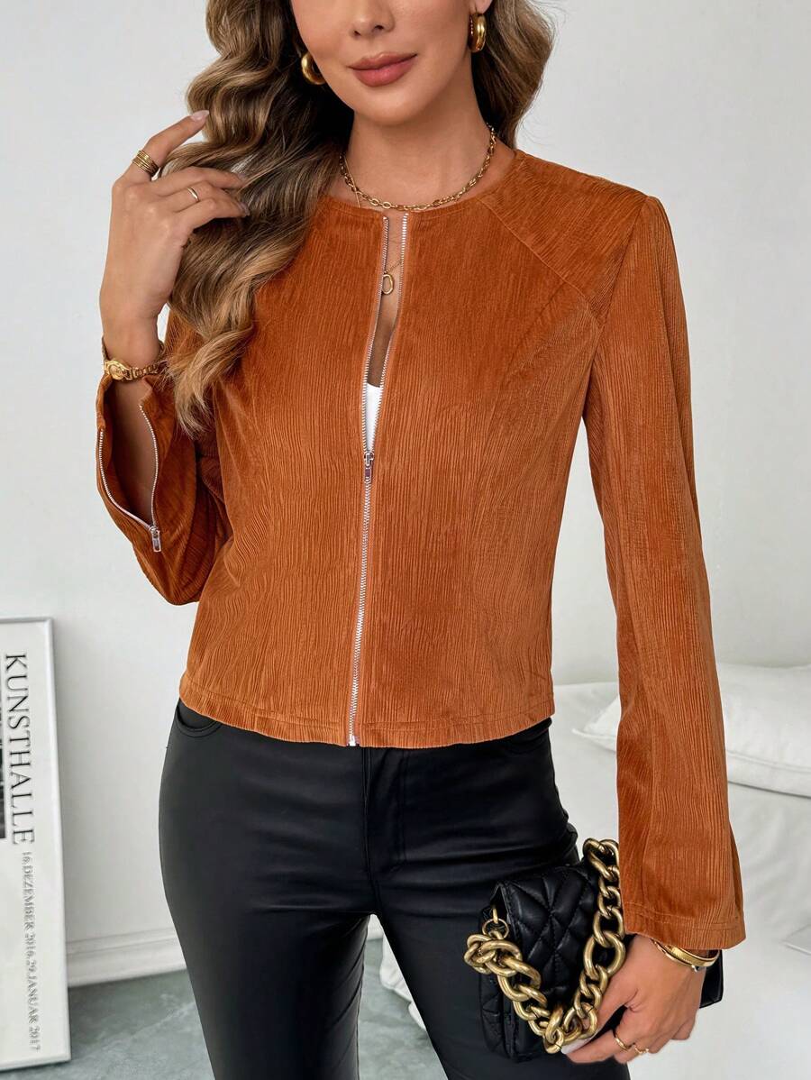 SHEIN Clasi Spring Autumn Casual Solid Color Front Zip Up Cropped Jacket, Women Fall Clothes - Khaki - View 1