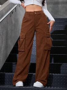 Women's Plain Color Cargo Pocket Loose Wide Leg Casual Pants