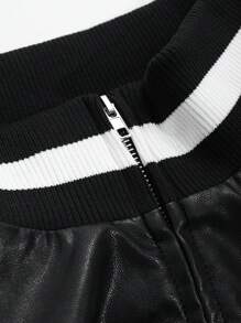 DAZY Women's Spring/Autumn Long Sleeve Striped PU Leather Loose Casual Baseball Jacket,Fall Women Clothes - Black - View 8