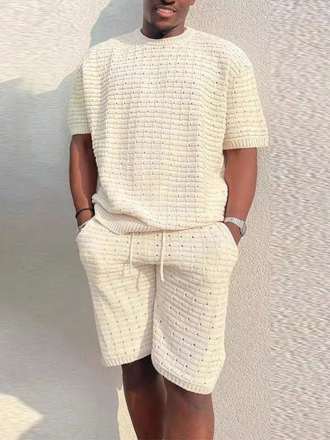 Manfinity Dauomo Men's Knit Set With Crew Neck Short Sleeve Top And Casual Shorts