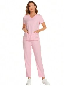 Short-Sleeved Scrubs Uniform Set With Notched V-Neck And Pants - Baby Pink - View 5