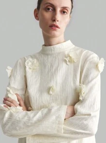 Ontre White 3D Floral High Neck Long Sleeve Elegant Dress