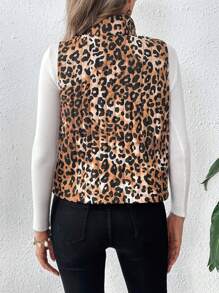 SHEIN VCAY Chaleco tipo jacket sin mangas con cierre de cremallera con estampado de print de leopardo