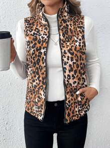 SHEIN VCAY Chaleco tipo jacket sin mangas con cierre de cremallera con estampado de print de leopardo