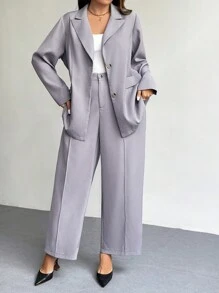 SHEIN Privé Plus Size Elegant Business/Party Suit Set - Long Sleeve Blazer Jacket & Trousers - Grey - View 4