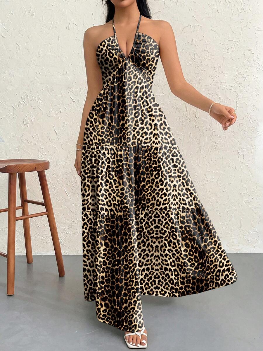 SHEIN Privé Women's Leopard Print Backless Long Dress,Dress,Floral Print Halter Neck A-Line Dress,Summer Long Dress, Seaside Long Dress, Women Long Dress, Backless Long Dress ,Hawaiian Long Dress For Daily,Parties,Dating,Wiesn Bierfest,Summer - Multicolor - View 1