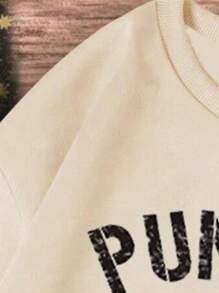 Tween Girl Fall Pumpkin & Letter Print Crewneck Sweatshirt For Halloween - Apricot - View 3