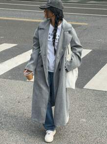 SHEIN EZwear 女士纯色长袖休闲双排扣翻领羊毛大衣，秋冬 - 灰色 - 查看 5
