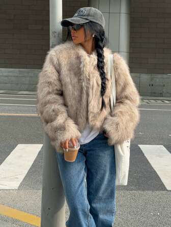 Muchica 秋冬女士纯色长袖休闲蓬松夹克