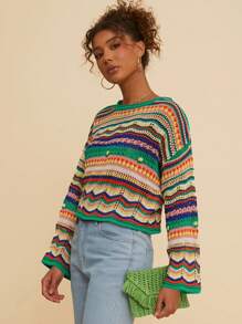 Travachic Women's Color Striped Pattern Crochet Drop Shoulder Long Sleeve Women Sweaters, Fall Women Clothes - Multicolor - View 5