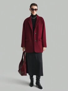 Ontre Spring 2025 New Angora Women Long Sleeve Loose Fit Black Button Decor Red Color Block Outerwear Jacket