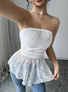 Chiquease Women's White Lace Ruffle Hem Bandeau Top