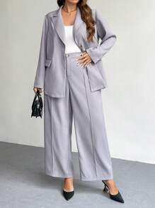 SHEIN Privé Plus Size Elegant Business/Party Suit Set - Long Sleeve Blazer Jacket & Trousers - Grey - View 6