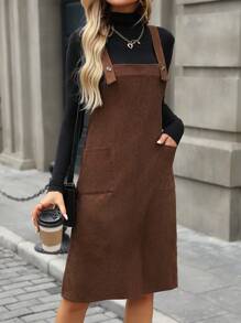 SHEIN LUNE Solid Color Thick Strap Sleeveless Mid-Length Dress, Autumn/Winter Corduroy Women Outfit