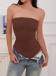 Women's Solid Color Bandeau One-Piece Shapewear - Coffee Brown - View 3