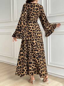 Modelyn V-Neck Leopard Print Ruffle Hem Long Sleeve Arabian Modest Dress Long Evening Dresses - Brown - View 2