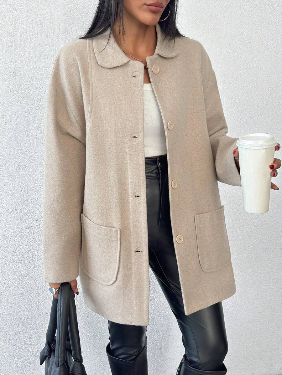 RueChic Cotton Knitted Overcoat Drop Shoulder Double Pocket Coat Easy To Style Perfect For Autumn And Winter - Beige - View 1