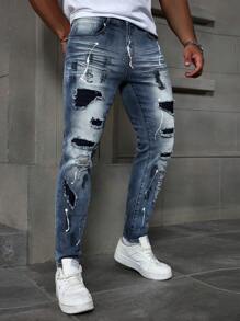 Manfinity Roughcore Men's Dark Blue Washed Denim Stretch Skinny Jeans - Teal Blue - View 7