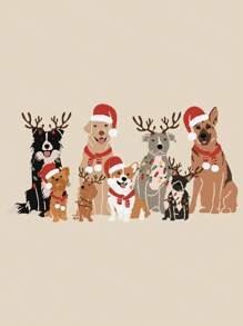 INAWLY 圣诞小狗印花圆领卫衣，长袖套头衫，秋季款 - 米色 - 查看 4