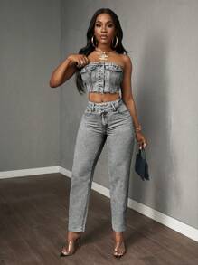 Slaydiva 女式不对称腰部口袋锥形休闲百搭牛仔裤 - 淺灰色 - 查看 6