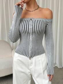 SHEIN EZwear 1pc Women's Grey Off-Shoulder Knit Sweater - Grey - View 4