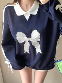 DAZY Women's Contrast Color Patchwork Ribbon Tie Embroidered Bow Sweatshirt,Long Sleeve Tops,Fall Clothes,Thermal Lined - Navy Blue - View 7