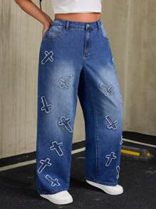 SHEIN ICON 大码休闲交叉破洞直筒牛仔裤 - 藍色 - 查看 5