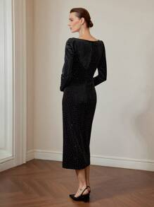 MOTF PREMIUM VELVET SQUARE NECK RUCHED FRONT RHINESTONE MIDI DRESS WITHOUT BELT - Black - View 5