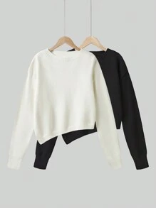 SHEIN Unity 女士休闲宽松不对称下摆圆领长袖纯色毛衣，秋冬 - 黑與白 - 查看 1