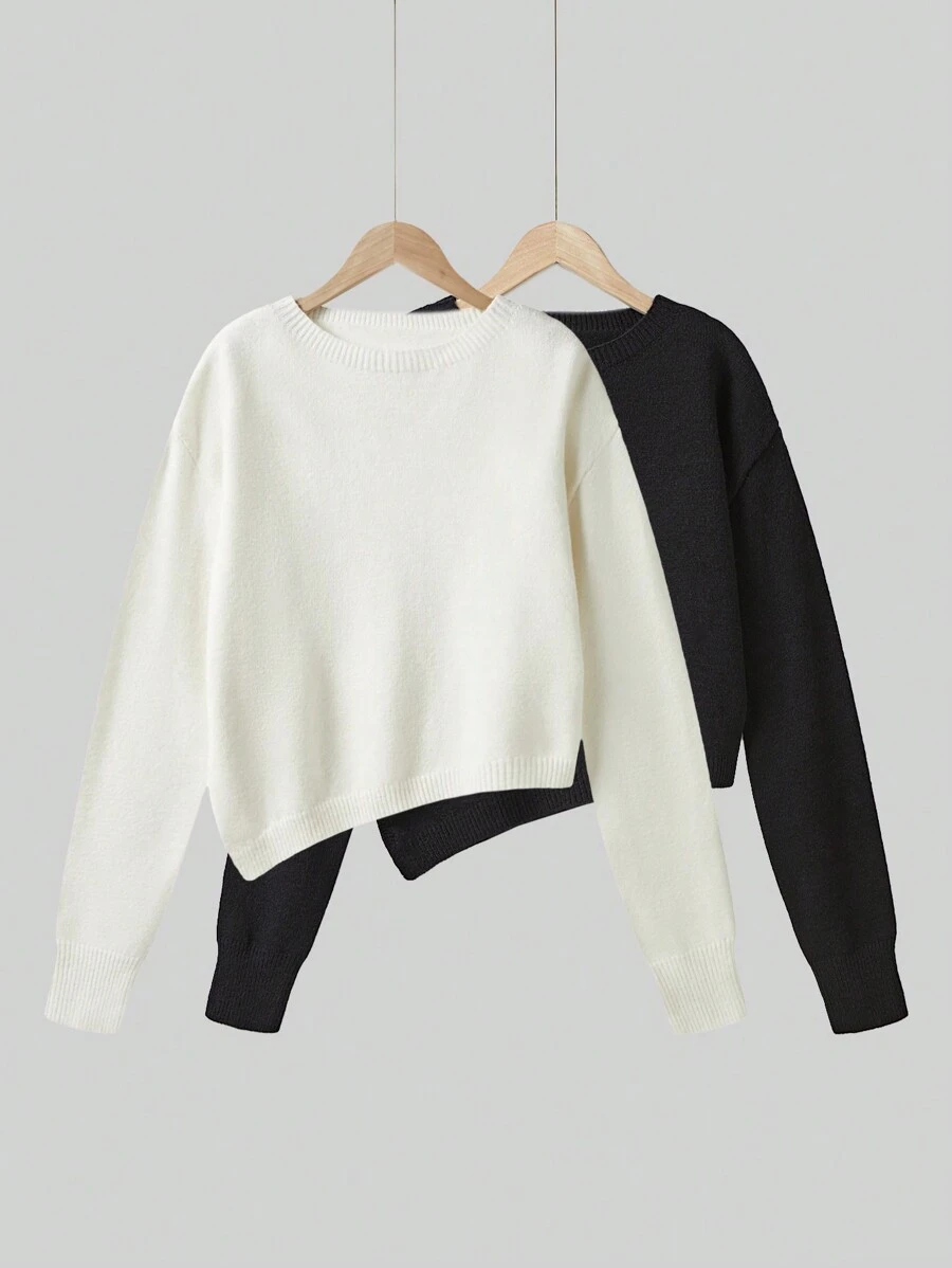 SHEIN Unity 女士休闲宽松不对称下摆圆领长袖纯色毛衣，秋冬 - 黑與白 - 查看 1