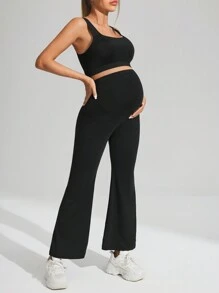 SHEIN 2pcs/Set Maternity Square Neck Cropped Tank Top And Adjustable Waist Flared Pants Casual Workout Set - Black - View 4