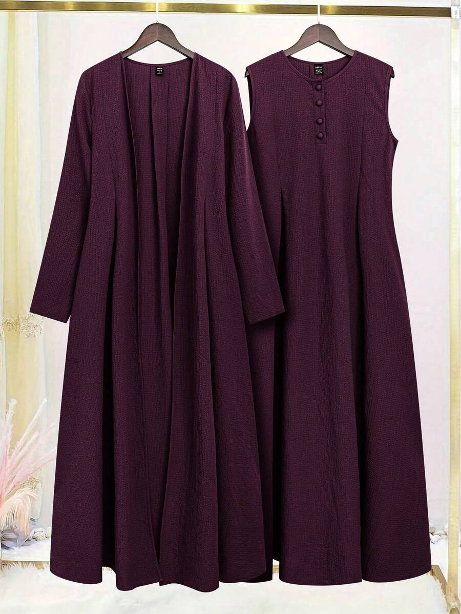 Al Najma 2pcs Women Casual Open Front Long Sleeve Jacket And Sleeveless Dress Set, Spring Autumn 2 Pieces Set - Purple - View 1