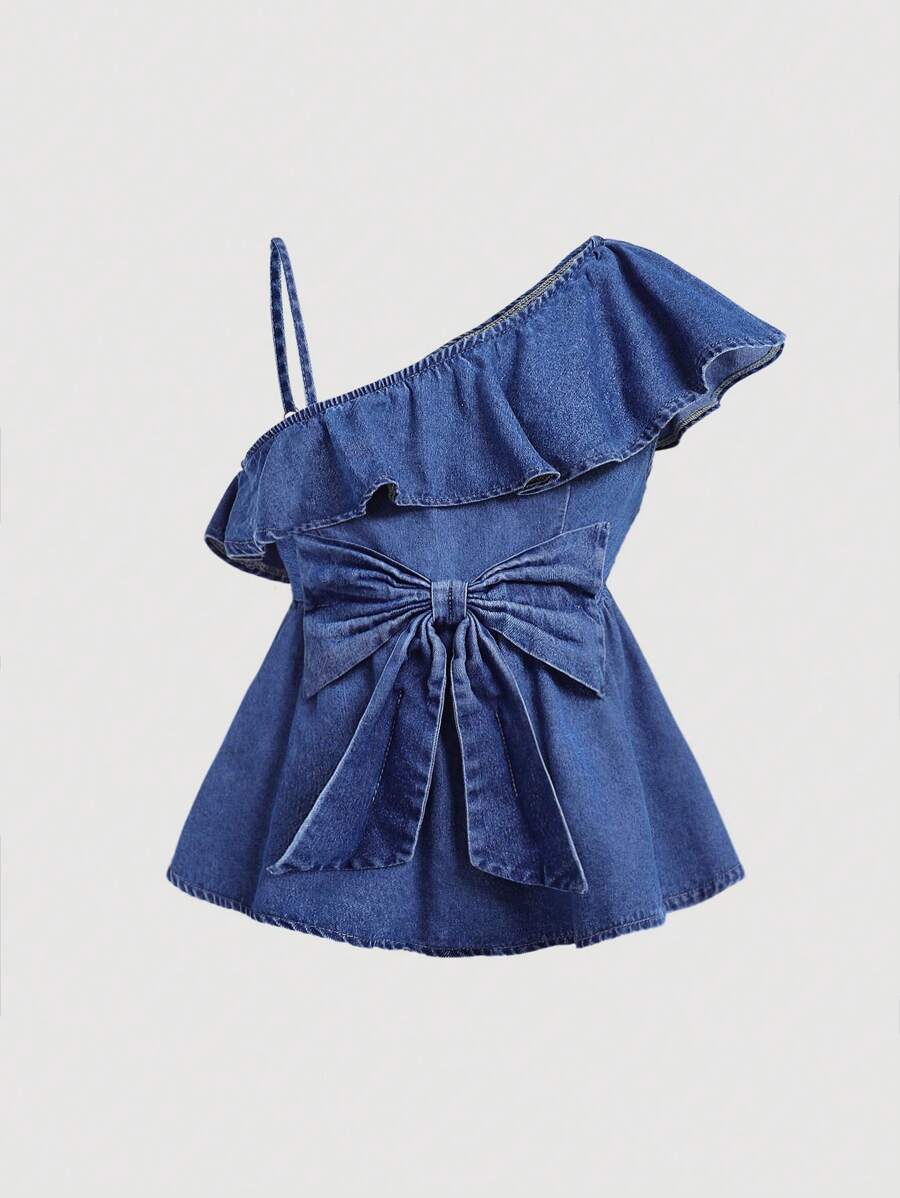 SHEIN 青少年女孩休闲可爱不对称条纹单肩牛仔衬衫，带大蝴蝶结装饰，青少年女孩秋季服装返校装