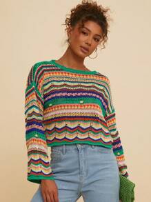 Travachic Women's Color Striped Pattern Crochet Drop Shoulder Long Sleeve Women Sweaters, Fall Women Clothes - Multicolor - View 4