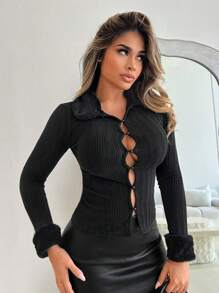 Zolique 纯色蓬松拼布长袖休闲前扣夹克 - 彩色 - 查看 6