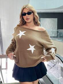 SHEIN EZwear Plus Size Open Shoulder Star Pattern Sweater