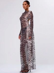 MUSERA 网眼虎纹露背长裙，适合春季派对、外出、夏季度假