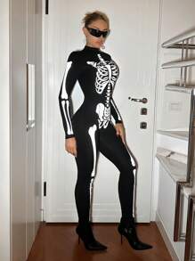 SHEIN ICON 夜光骷髅印花立领连衣裤 - 黑色 - 查看 5