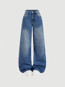 SHEIN PETITE Jeans de Halloween para mujer pequeña, jeans Y2k, jeans para mujer con cintura baja suelta y pierna ancha sexy para mujeres altas, atuendos de otoño, pantalones anchos para mujer, jeans de vuelta al colegio, ropa escolar para mujer, jeans de pierna recta, jeans rectos, pantalones anchos para mujer, azul - Lavado ligero - Ver 1