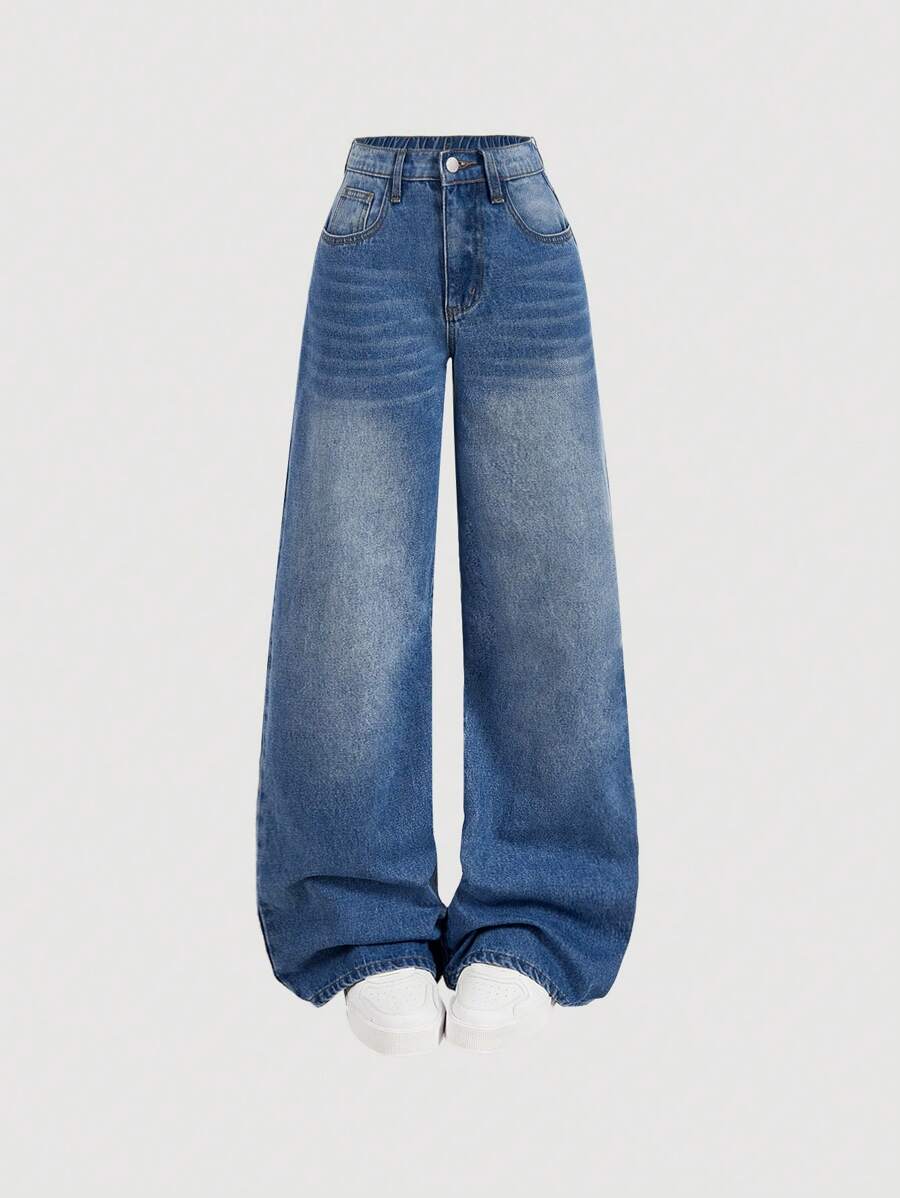SHEIN PETITE Jeans de Halloween para mujer pequeña, jeans Y2k, jeans para mujer con cintura baja suelta y pierna ancha sexy para mujeres altas, atuendos de otoño, pantalones anchos para mujer, jeans de vuelta al colegio, ropa escolar para mujer, jeans de pierna recta, jeans rectos, pantalones anchos para mujer, azul - Lavado ligero - Ver 1