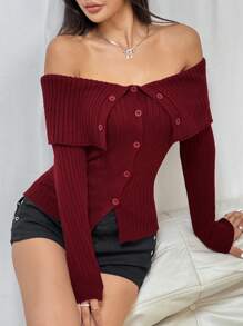 Flirla 女式露肩有领开衫 - 酒紅色 - 查看 6