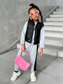 SHEIN 3 件套少女字母印花圆领运动衫 + 灰色运动裤 + 黑色拉链背心休闲套装，秋冬 - 灰色 - 查看 9