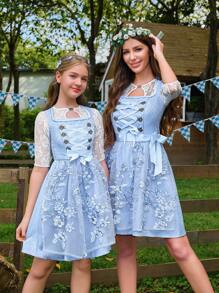 Vestido tradicional bávaro azul bordado Dirndl para mujer, disfraz de sirvienta alemana de Oktoberfest - Azul - Ver 6