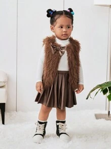 SHEIN 女宝宝秋冬可爱毛茸茸背心开衫针织上衣和松紧腰 PU 褶皱裙子 2 件套 - 棕色 - 查看 6