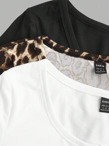 SHEIN EZwear Women's Solid Color + Leopard Print Half-Button Slim Fit T-Shirt, 3-Pack